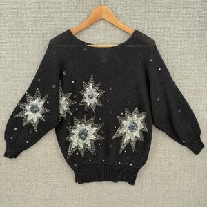 Vtg Nannell Knit Sweater Black Star Sequin Beaded Sz S Celestial Angora Fairy‎